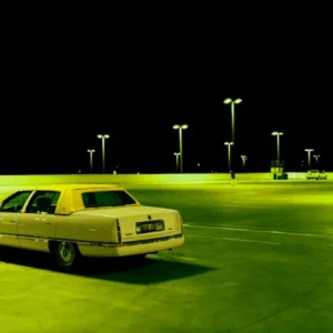 Albert Watson, Cadillac, Neon, Yellow, Green, Parkinglot, Car, eerie, fine art photography, limited edition, color, color photography, albert watson photography, panorama, Cityscape, Las Vegas