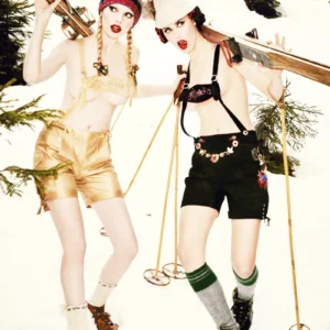 Ellen von Unwerth, Heimat, Snow, Bavaria, Mountains, Ski, Skiing, Alpine, Model, Woman, Red Lips, Lederhose, Winter, Fun, Sexy, Fine art photography, limited edition, color, color photography, Nude