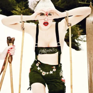 Ellen von Unwerth, Heimat, Snow, Bavaria, Mountains, Ski, Skiing, Alpine, Model, Woman, Red Lips, Lederhose, Winter, Fun, Sexy, Fine art photography, limited edition, color, color photography, Nude
