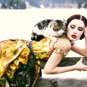 Ellen von Unwerth, Heimat, The Cat, Model, Woman, Red Lips, Snow, Winter, Alps, Tracht, Bavaria, Funny, Sexy, Color, Color Photography, fine art photography, limited edition, Heimat Series, Dog, Dirndl, Cat, Animal, Pet