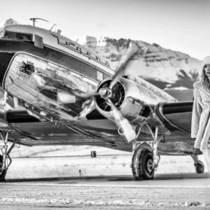 David Yarrow, Telluride, Model, Woman, Rich, Luxury, Fur, Plain, aircraft, mountains, snow, winter, skiing, black and white, black and white photography, fine art photography, limited edition, david yarrow photography