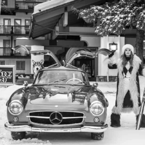 David Yarrow, The Lodge at Vail, Colorado Model, Woman, mountains, snow, winter, ski, skiing, black and white, black and white photography, fine art photography, limited edition, david yarrow photography, car, mercedes, vintage oldtimer, fur, luxury, holiday