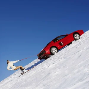 Tony Kelly, Ski Lift, Car, Ferrari, Red, Color, Ski, Skiing, Model, Nude, Snow, Winter, Landscape, Outdoors, Blue, Red Car, Fast Car, Fine Art Photography, Limited edition, color photography
