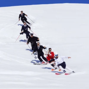 Tony kelly, Room Service, Ski, Snow, Mountains, Surrealism, Funny, Unfiorm, Servers, Champaign, blue, blue sky, alps, winter, winter holiday, fine art photography, limited edition, Color Photography, Surreal Photography