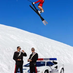 Tony Kelly, Ski Police, Ski, Skiing, Police, Policemen, Uniform, Skijumping, Acrobatic, Snow, Winter, Nude, Woman, Model, Legs, Mountains, Color, Color Photography, Blue, Red, Car, Fast Car, Race Car, Contemporary Pop, Pop Art, Fine Art Photography, Limite edition, Photography, Tony Kelly Photography