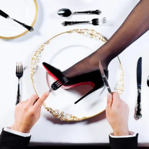 Tyler Shields fine art photography, "High Heel Plate" Tyler Shields, Tyler Shields fashion photography, Christian Louboutin red sole heel, Louboutin high heel photography, red sole stiletto art, luxury fashion fine art photography, high heel plate photography, conceptual fashion photography, surreal fashion photography, provocative fine art photography, luxury dining concept photography, black stiletto red sole art, iconic fashion symbolism photography, contemporary fine art photography, gallery-grade fine art photography, collectible contemporary photography, museum-quality photographic print, Tyler Shields limited edition print, Tyler Shields collectible fine art print, luxury fashion photography for collectors, high fashion still life photography