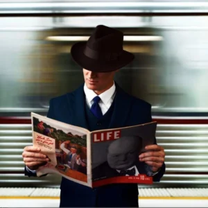 Tyler Shields fine art photography, "The Man in the Train Station, Cinema Series" Tyler Shields, Tyler Shields cinema series, cinematic fine art photography, narrative photography art, vintage cinema inspired photography, man reading LIFE magazine photography, film noir inspired photography, motion blur fine art photography, cinematic portrait photography, storytelling photography art, contemporary fine art photography, modern cinematic imagery, conceptual portrait photography, gallery-grade fine art photography, collectible contemporary photography, museum-quality photographic print, Tyler Shields limited edition print, Tyler Shields collectible fine art print, cinema still style photography, timeless cinematic fine art